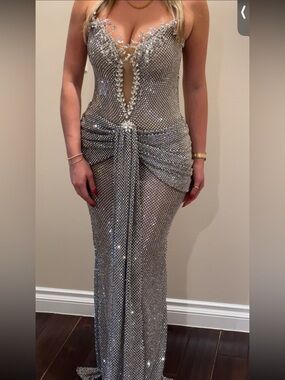 Silver Beaded Evening Gown - Elegant Sparkle